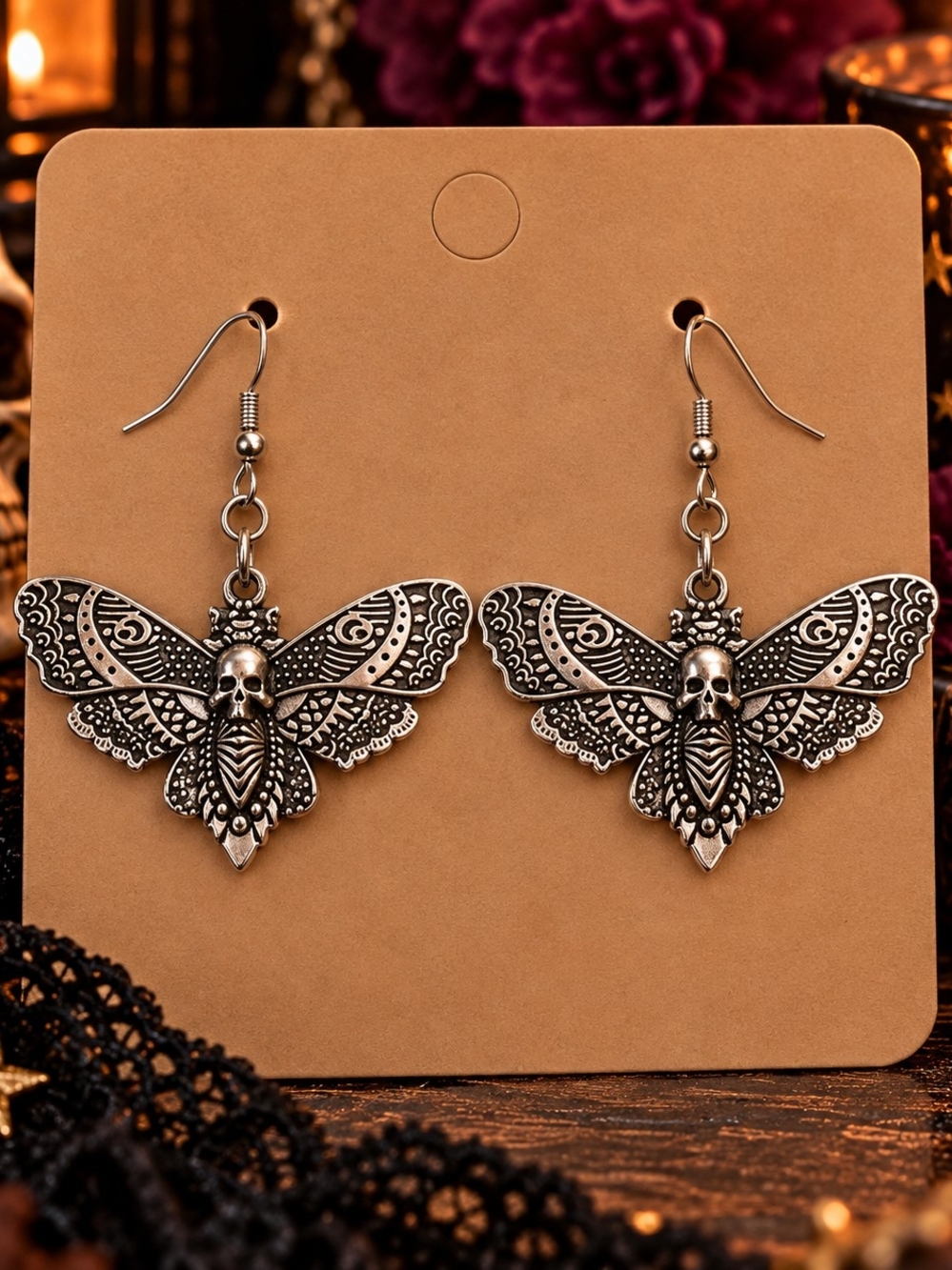 Silver Tone Metal Skull Moth Dangle Drop Earrings - Women Jewelry New